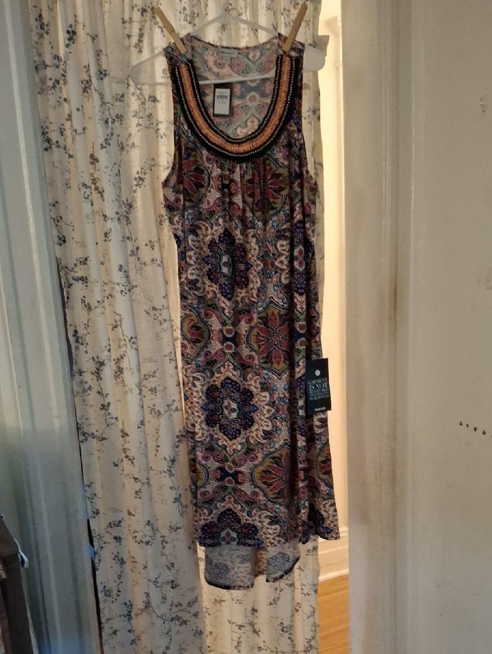 Avenue Beaded-Neck Paisley Maxi Dress in Navy, Pink and Cream